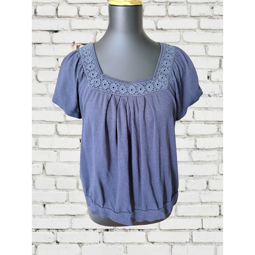 Charter Club Blouse Womens Petite PM Navy Blue Eyelet Square Neck Flutter Sleeve